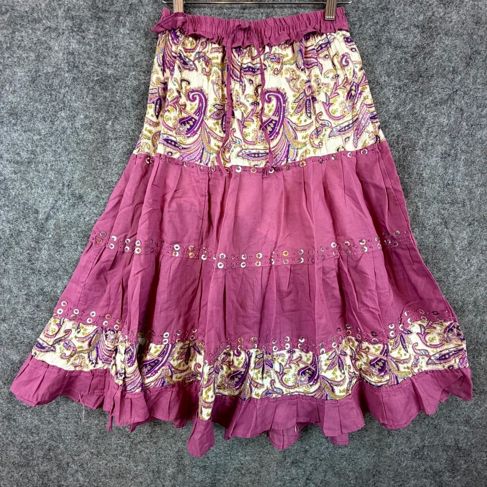 Womens Bohemian Tiered Maxi Skirt S Pink Paisley Print Sequin Drawstring Flowy
